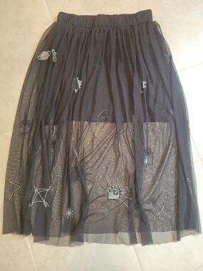Vintage Bongo Women Embroidered Star Black Layer Elastic Knee Length Skirt  Sm